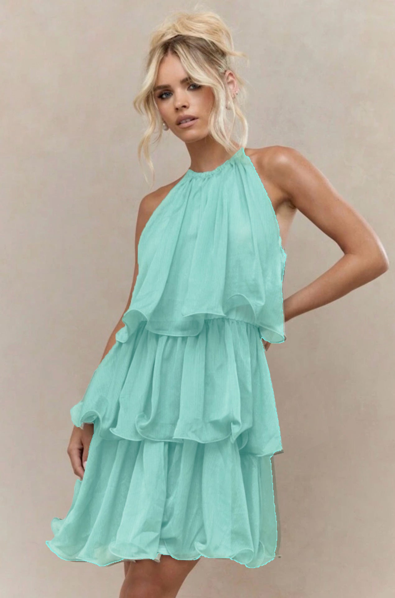 K Elegant Halter Neck Sleeveless Strapless Sheer Layered Dress - Ruffled Hem Elegant Women's Summer Party Dress  Beach Vacation Outfits