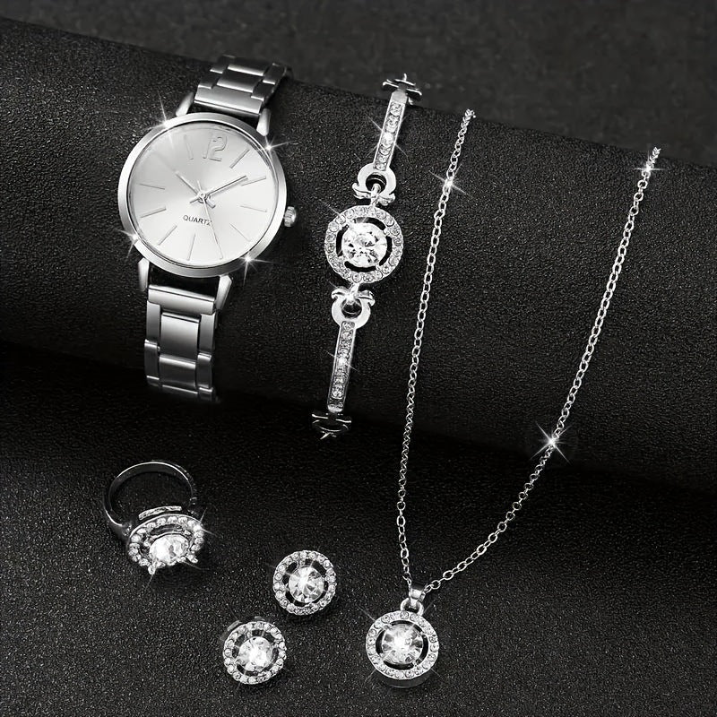 K Small Silver Dial With Delicate Steel Strap, Five-piece Set For Women
