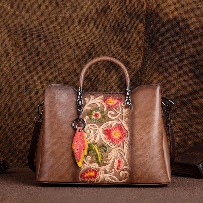 K Retro Genuine Leather Embossed Distressed Simple Large-Capacity Tote Bag