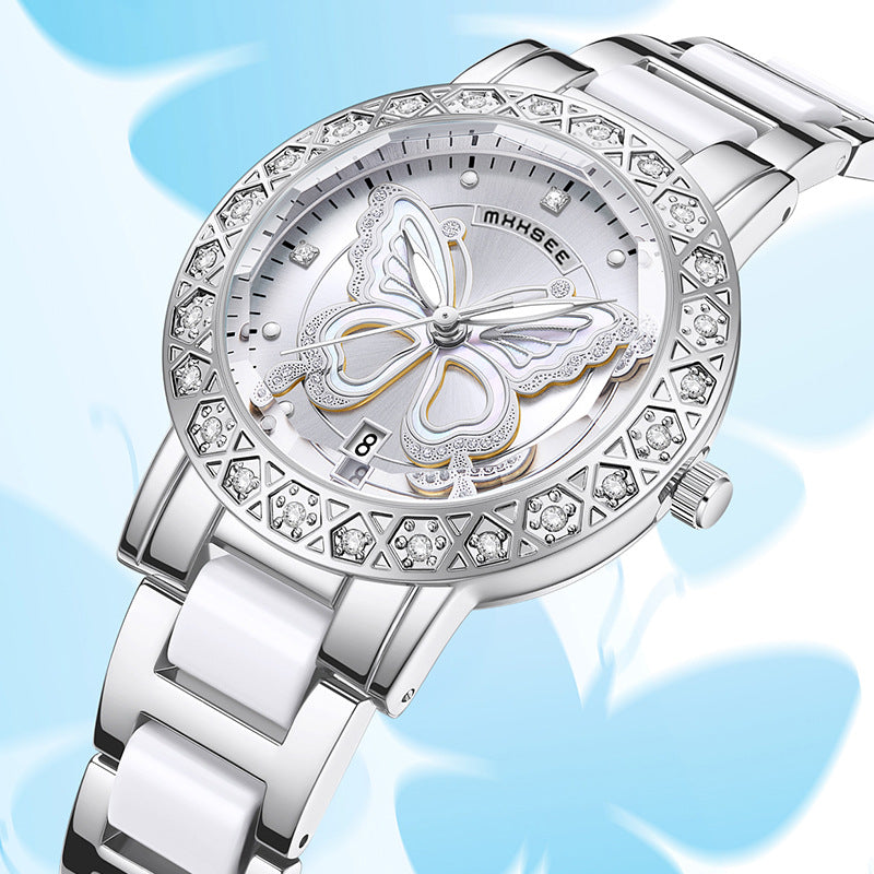 K Butterfly Diamond-encrusted Luxury Women's Watch With Calendar And Steel Strap