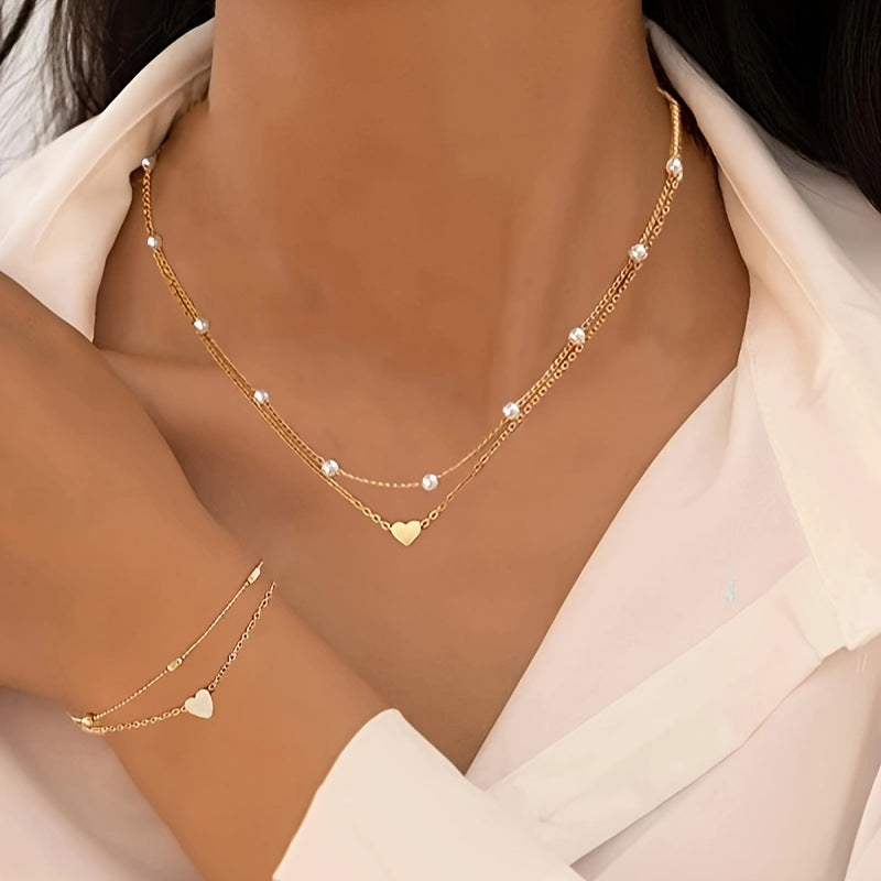 K Double-layer Stacked Bag Round Beads Love Pearl Bracelet Necklace Jewelry Set