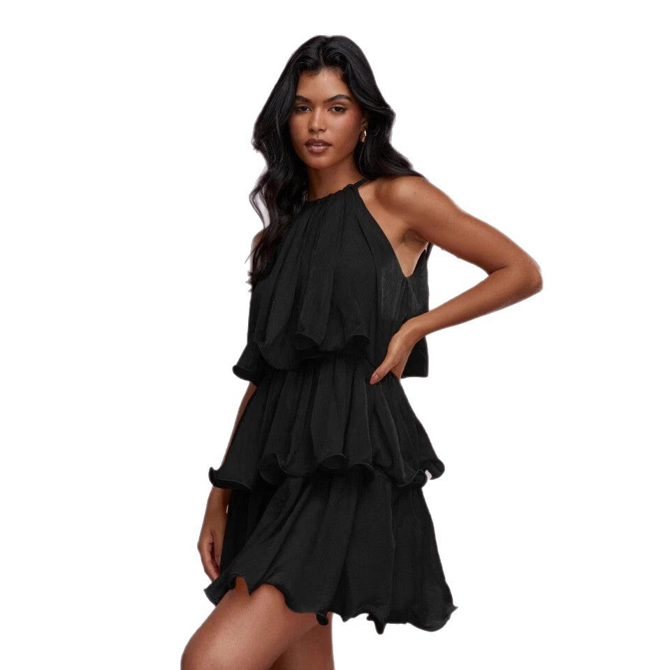 K Elegant Halter Neck Sleeveless Strapless Sheer Layered Dress - Ruffled Hem Elegant Women's Summer Party Dress  Beach Vacation Outfits