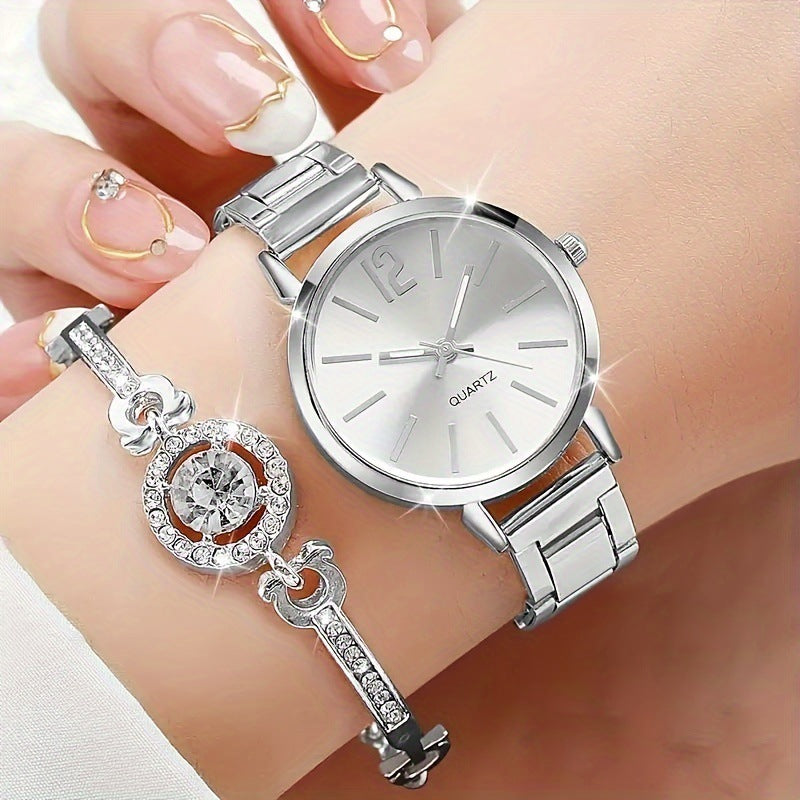 K Small Silver Dial With Delicate Steel Strap, Five-piece Set For Women
