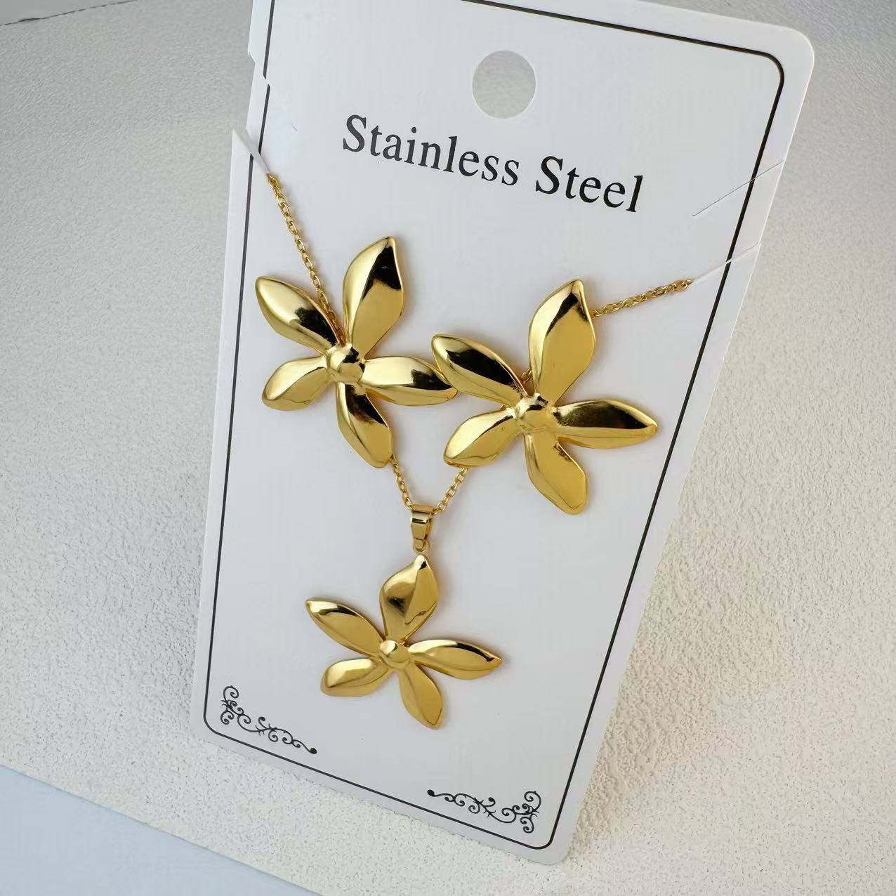 K New Stainless Steel Plated 18k Gold Necklace Earring Set