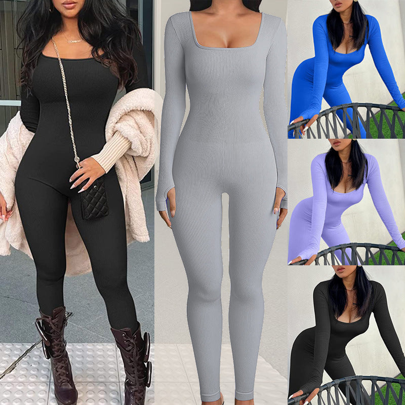 K Threaded Square Collar Buttocks Slim Jumpsuit
