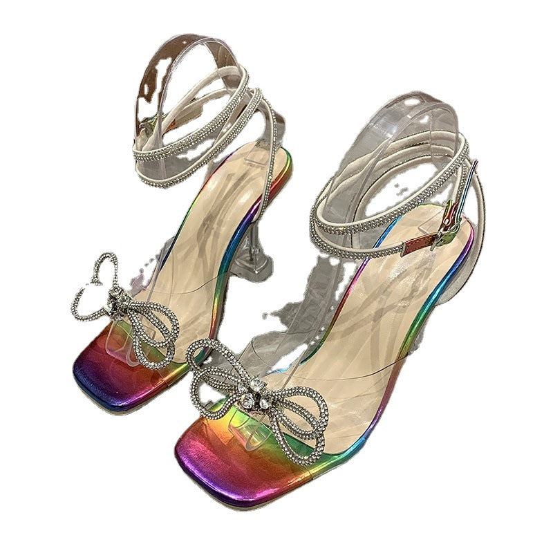 K Crystal Clear Wine Glass And Rhinestone Bow Sandals
