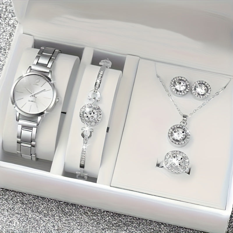 K Small Silver Dial With Delicate Steel Strap, Five-piece Set For Women