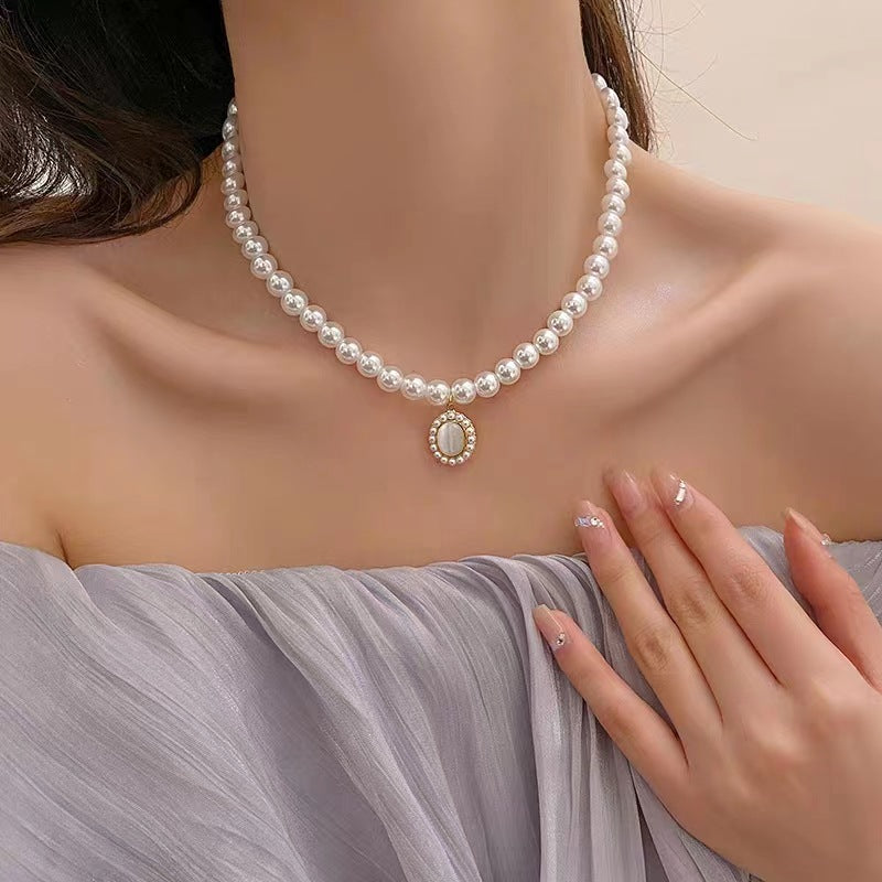 K French Retro Cat Eye Stone Pearl Necklace Earring Set