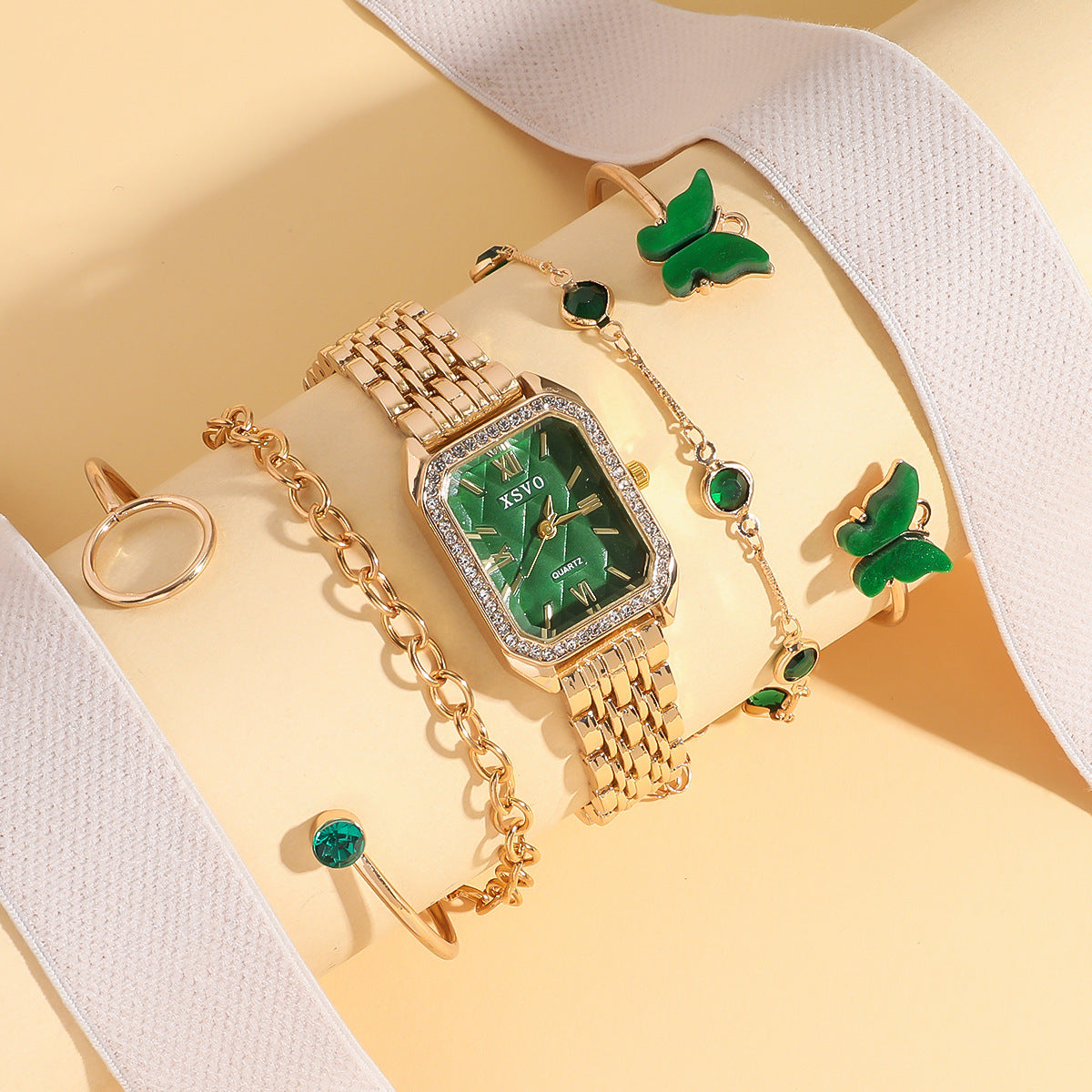 K Wild Emerald Square Steel Watch Butterfly Bracelet 5pcsset Gift Set