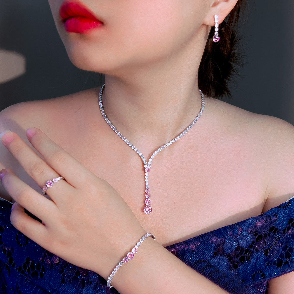 K Luxury Zircon Necklace Earrings Bracelet And Ring Set 4-piece Set