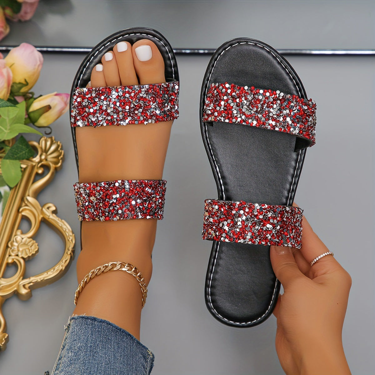 K Rhinestone Lightweight Flat Slides