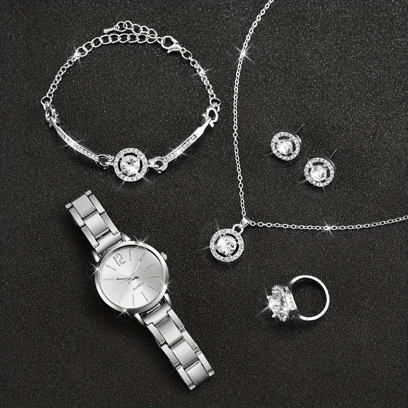 K Small Silver Dial With Delicate Steel Strap, Five-piece Set For Women