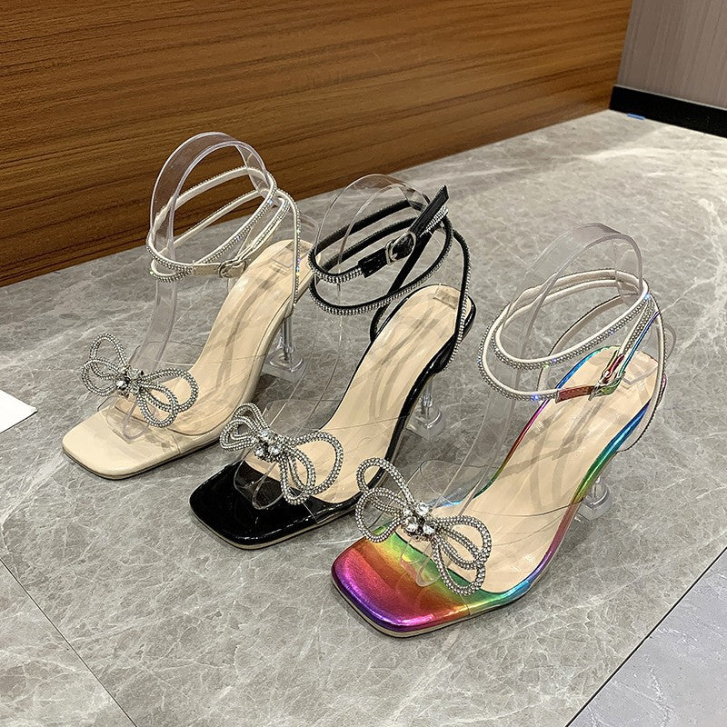K Crystal Clear Wine Glass And Rhinestone Bow Sandals