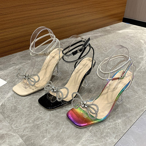 K Crystal Clear Wine Glass And Rhinestone Bow Sandals