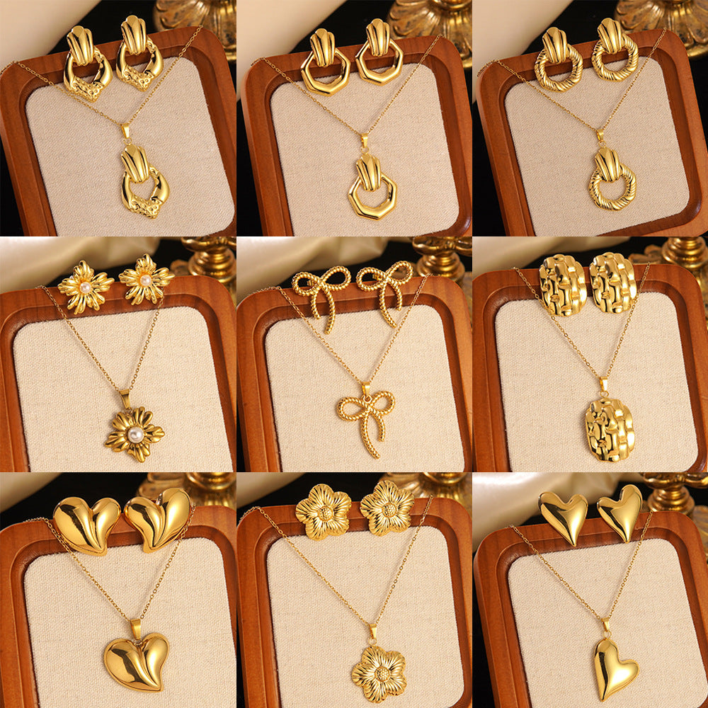 K Stainless Steel Heart Bow Flower Necklace And Earrings Set