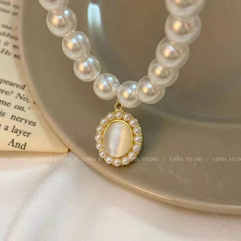 K French Retro Cat Eye Stone Pearl Necklace Earring Set