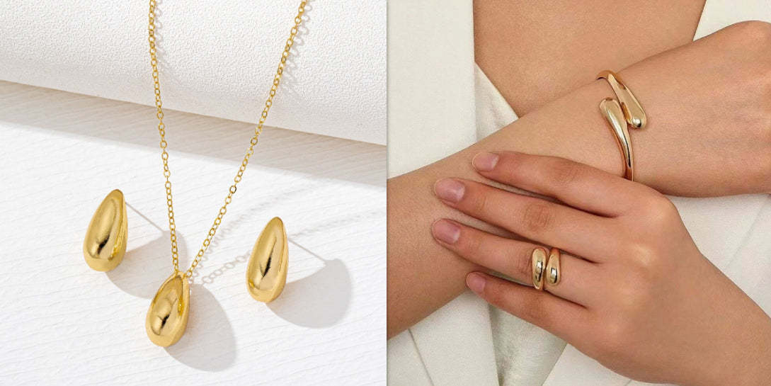 K Golden Teardrop-shaped Necklace And Earring Set
