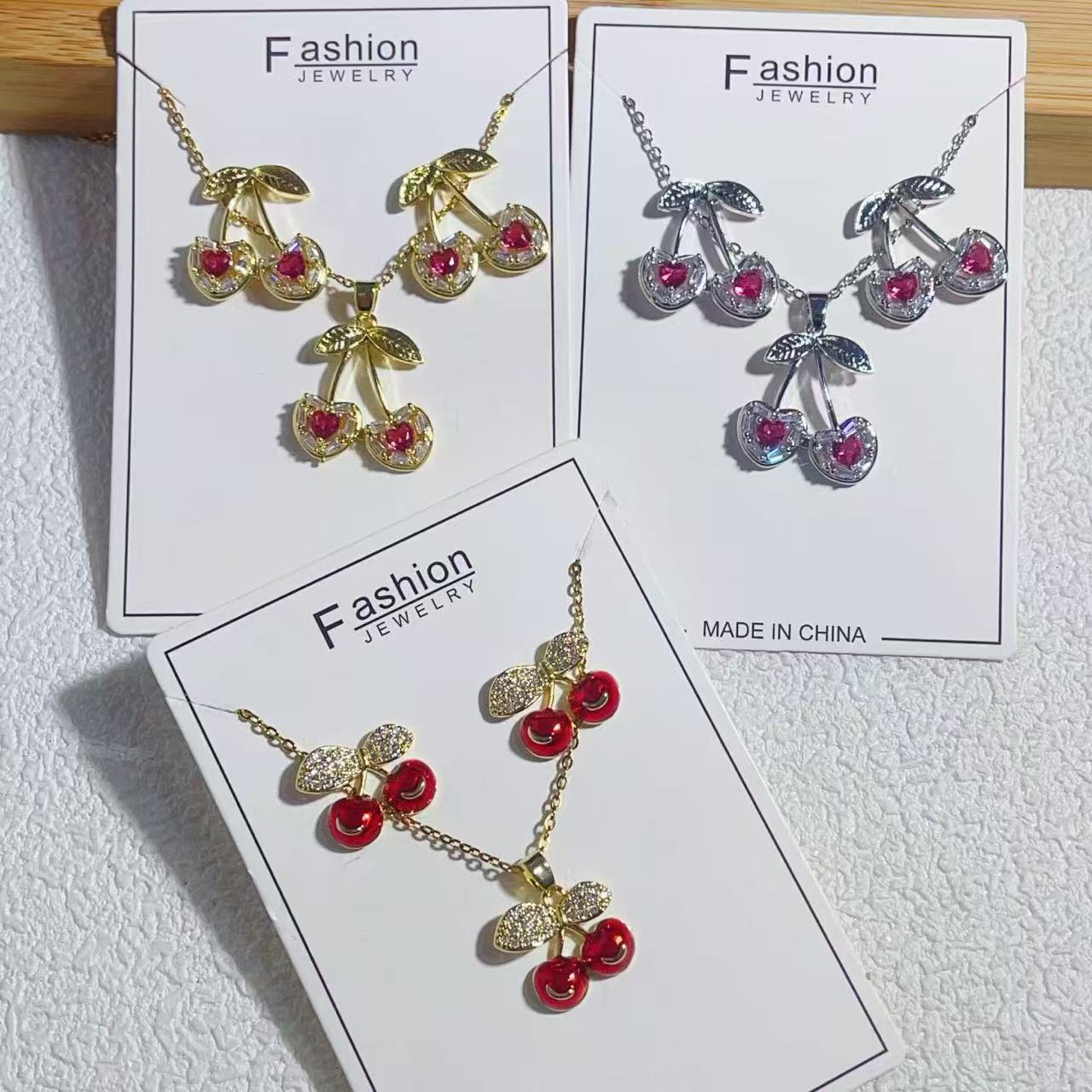 K Temperament Cherry Pendant Earrings Jewelry Set