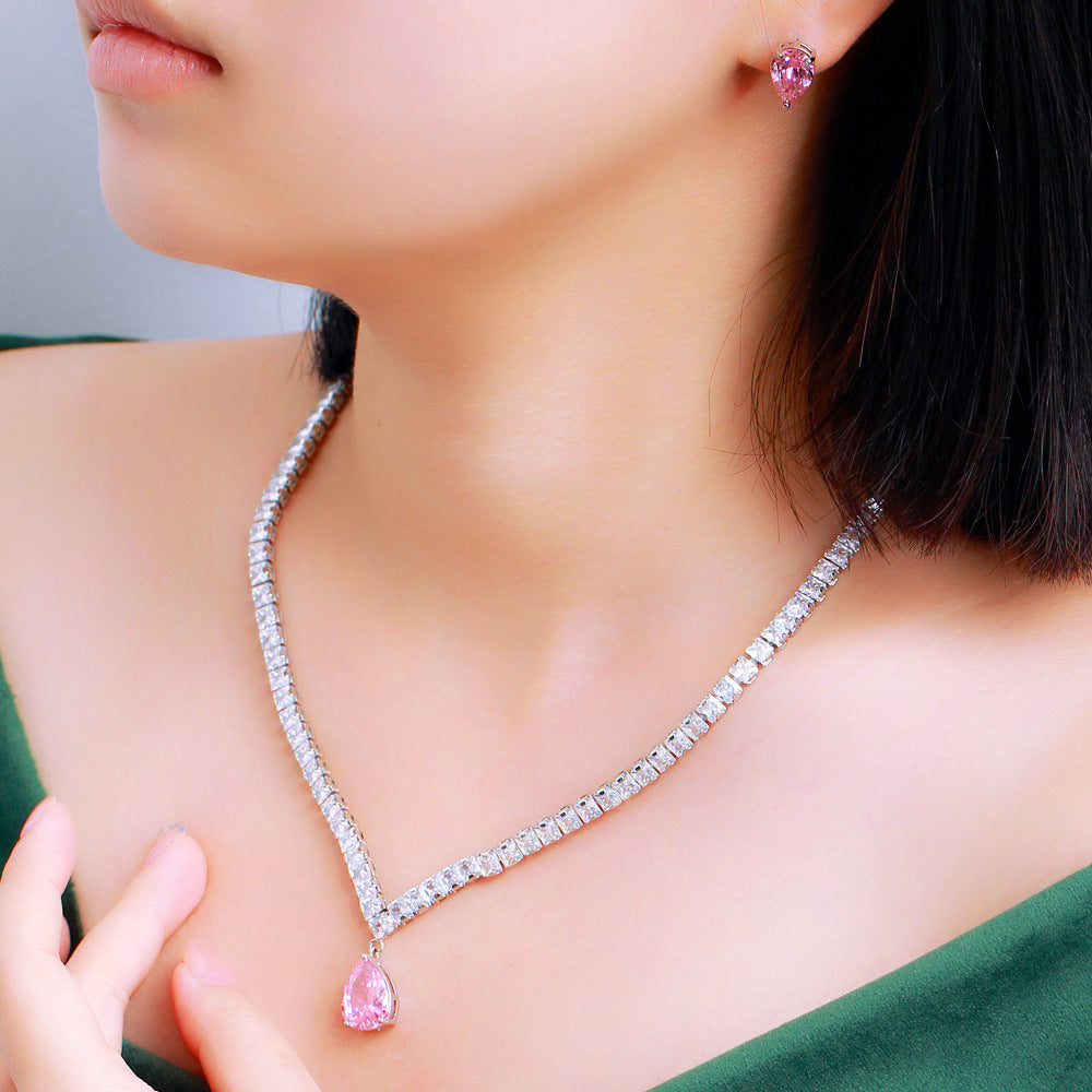 K Ear-stud Necklace Set A Slimming Two-piece Featuring Zircon Inlays