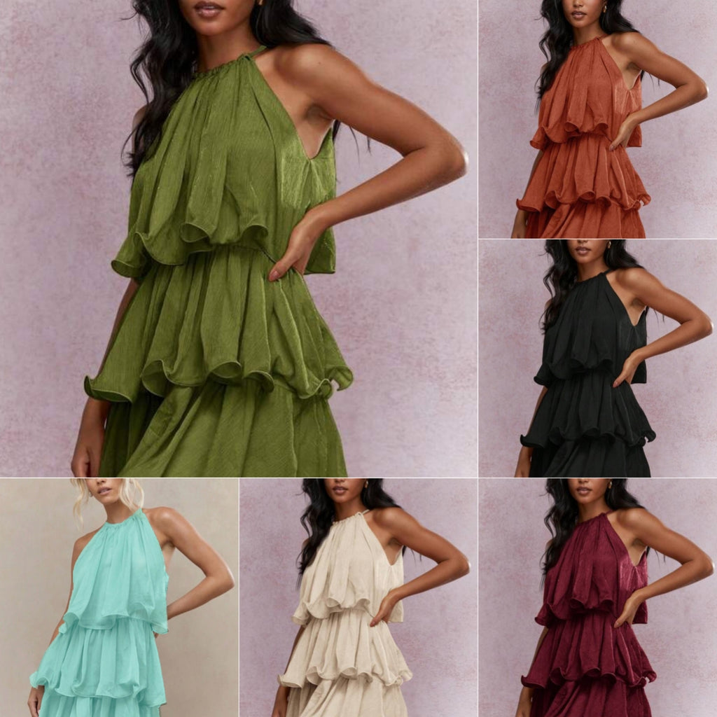 K Elegant Halter Neck Sleeveless Strapless Sheer Layered Dress - Ruffled Hem Elegant Women's Summer Party Dress  Beach Vacation Outfits