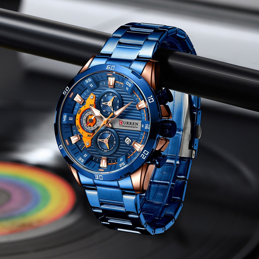 K Six-hand Steel-band Round Quartz Watch A Stylish Timepiece