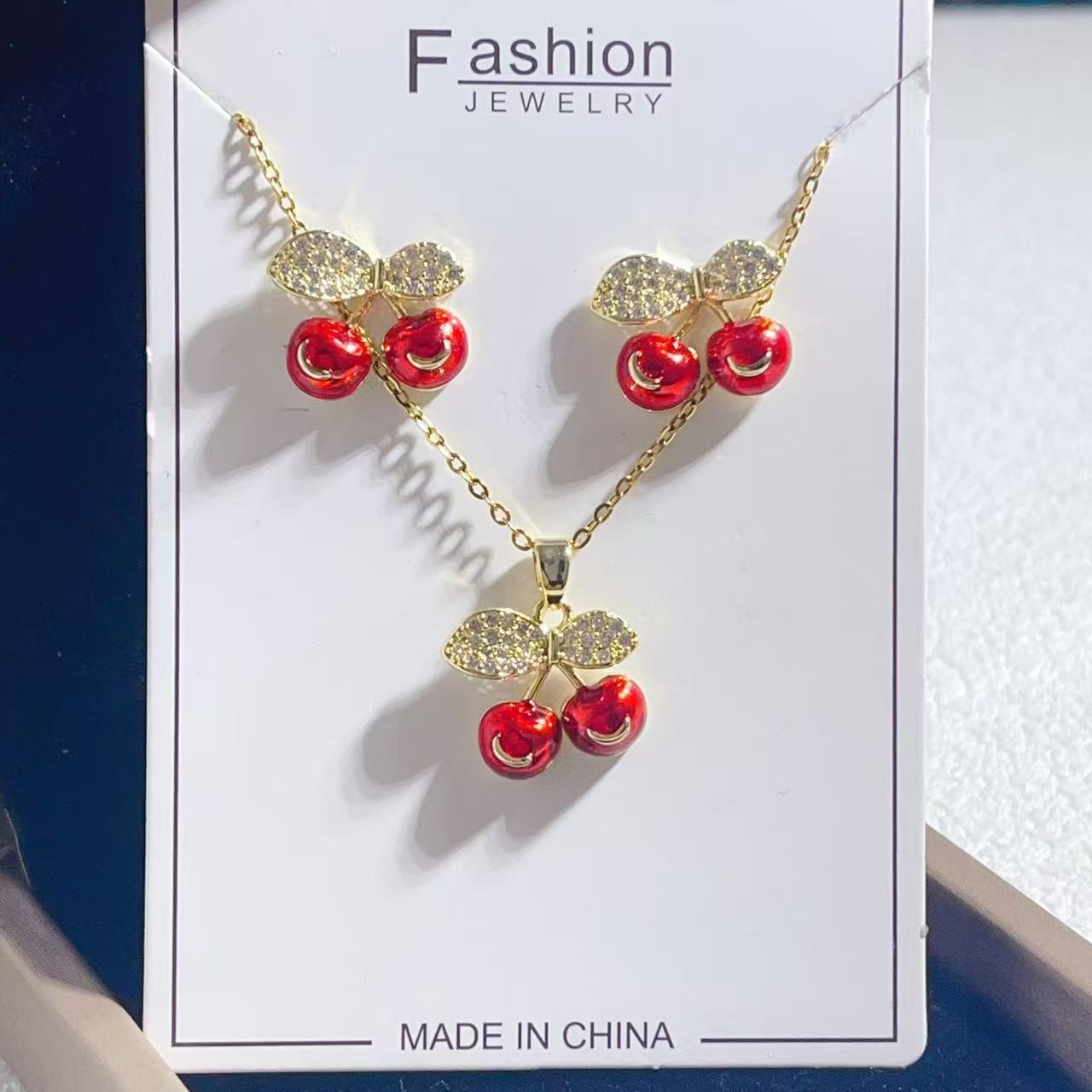 K Temperament Cherry Pendant Earrings Jewelry Set